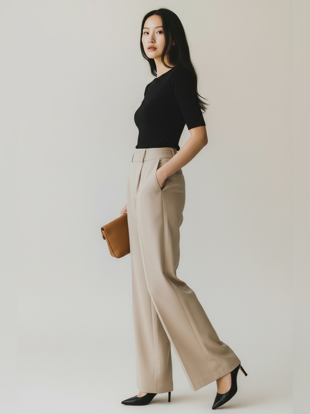 Haven + Blair London Women’s High Rise Wide Leg Fit Beige Pants